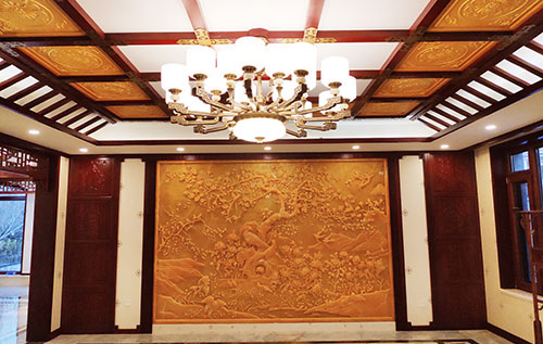 上海中式别墅客厅中式木作横梁吊顶装饰展示