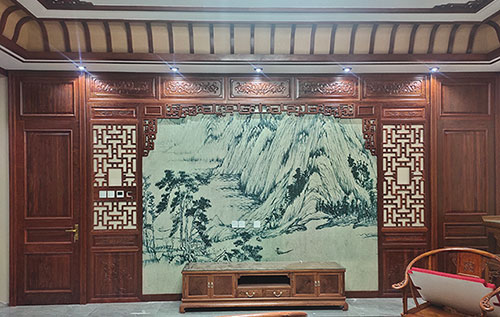 上海中式仿古别墅客厅背景墙花格木作装饰